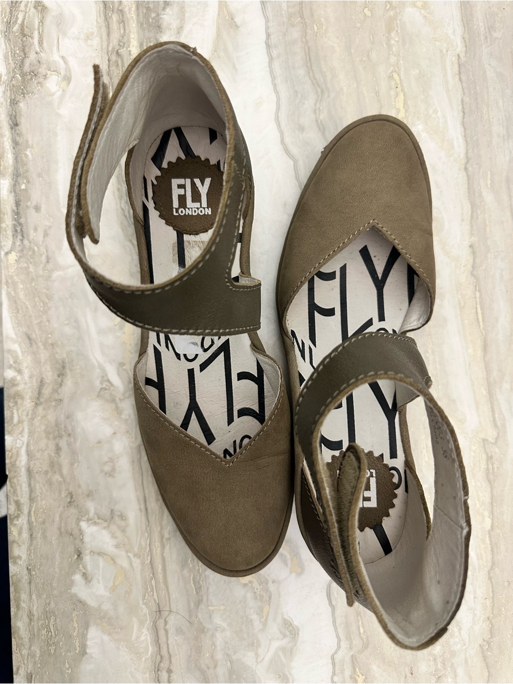 FLY London Women's Olive Brown Ankle Strap Flats authentic leather